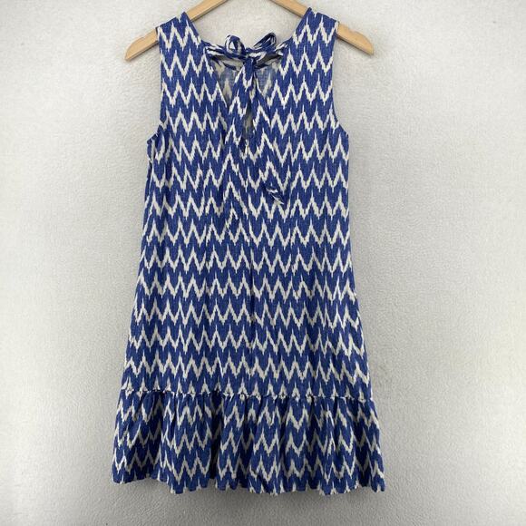 J.CREW Dress XS Linen Cotton Ikat Chevron Bowback Sleeveless Ruffle Hem Blue - Picture 2 of 12